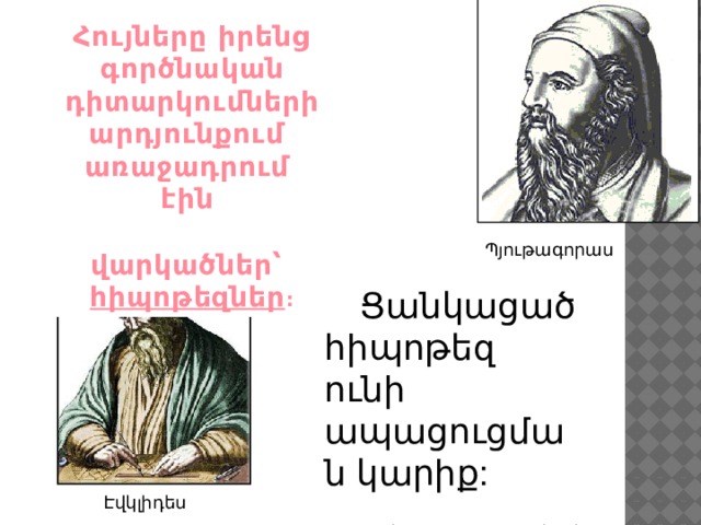 Հույները իրենց գործնական  դիտարկումների արդյունքում առաջադրում էին  վարկածներ՝ հիպոթեզներ : Պյութագորաս  Ցանկացած հիպոթեզ ունի ապացուցման կարիք: Լեոնարդո դա Վինչի Էվկլիդես 
