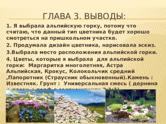 Глава 3. Выводы: 1. Я выбрала альпийскую горку, потому что считаю, что данный тип цветника будет хорошо смотреться на пришкольном участке. 2. Продумала дизайн цветника, нарисовала эскиз. 3.Выбрала место расположения альпийской горки. 4. Цветы, которые я выбрала для альпийской горки: Маргаритка многолетняя, Астра Альпийская, Крокус, Колокольчик средний ,Папоротник (Страусник обыкновенный).Камень : Известняк. Грунт : Универсальная смесь ( дернина + песок + торф в соотношениях 2:1:1). 5.Создание цветника я запланировала на весну, начало лета. 