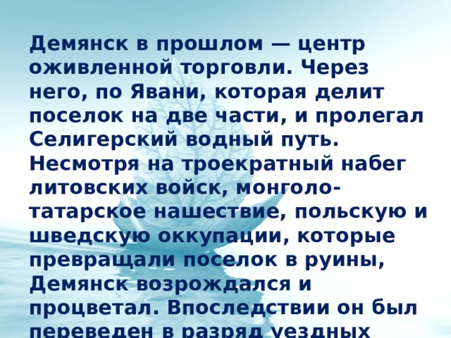 Демянск в прошлом — центр оживленной торговли. Через него, по Явани, которая делит поселок на две части, и пролегал Селигерский водный путь. Несмотря на троекратный набег литовских войск, монголо-татарское нашествие, польскую и шведскую оккупации, которые превращали поселок в руины, Демянск возрождался и процветал. Впоследствии он был переведен в разряд уездных городов. 