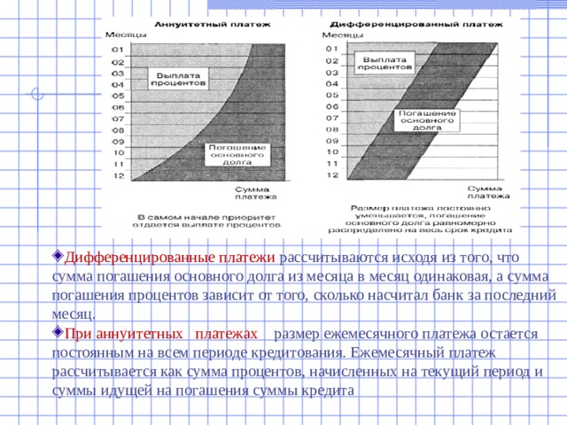 Дифференцированные платежи  рассчитываются исходя из того, что сумма погашения основного долга из месяца в месяц одинаковая, а сумма погашения процентов зависит от того, сколько насчитал банк за последний месяц. При аннуитетных платежах размер ежемесячного платежа остается постоянным на всем периоде кредитования. Ежемесячный платеж рассчитывается как сумма процентов, начисленных на текущий период и суммы идущей на погашения суммы кредита 