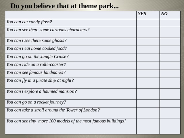 Do you believe that at theme park... YES You can eat candy floss ? NO You can see there some cartoons characters? You can’t see there some ghosts? You can’t eat home cooked food? You can go on the Jungle Cruise? You can ride on a rollercoaster? You can see famous landmarks? You can fly in a pirate ship at night? You can’t explore a haunted mansion ? You can go on a rocket journey? You can take a stroll around the Tower of London? You can see tiny more 100 models of the most famous buildings? 