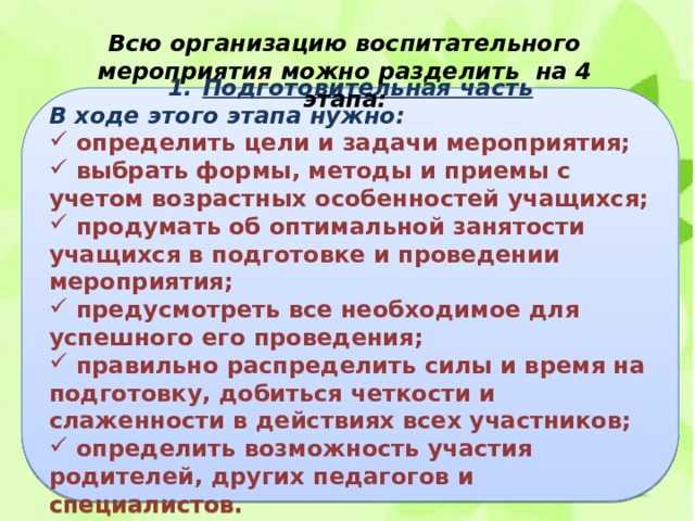 Организация проведения воспитательных мероприятий. Методика проведения воспитательного мероприятия. Методы и приемы воспитательного мероприятия. Воспитательные мероприятия.