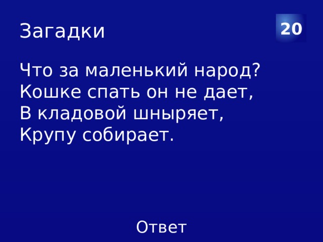 Загадки 20 Что за маленький народ? Кошке спать он не дает, В кладовой шныряет, Крупу собирает. 