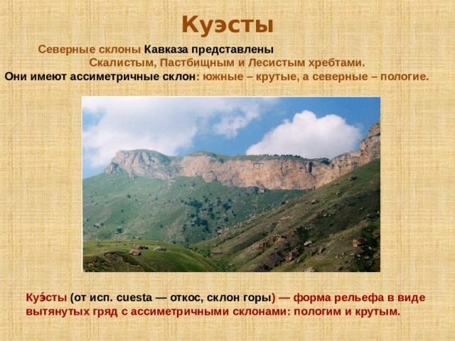 Куэсты Северные склоны Кавказа представлены Скалистым, Пастбищным и Лесистым хребтами. Они имеют ассиметричные склон : южные – крутые, а северные – пологие. Куэ́сты (от исп. cuesta — откос, склон горы ) — форма рельефа в виде вытянутых гряд с ассиметричными склонами: пологим и крутым.  