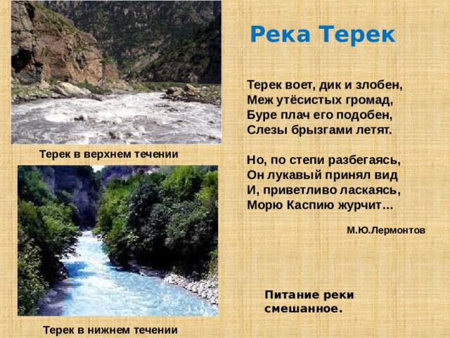 Река Терек Терек воет, дик и злобен,  Меж утёсистых громад,  Буре плач его подобен,  Слезы брызгами летят.  Но, по степи разбегаясь,  Он лукавый принял вид  И, приветливо ласкаясь,  Морю Каспию журчит…   М.Ю.Лермонтов Терек в верхнем течении Питание реки смешанное. Терек в нижнем течении 