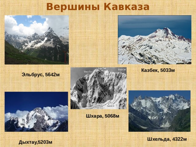 Вершины Кавказа Казбек, 5033м Эльбрус, 5642м Шхара, 5068м Шхельда, 4322м Дыхтау,5203м 