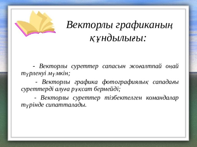 Векторлы графиканың құндылығы:   - Векторлы суреттер сапасын жоғалтпай оңай түрленуі мүмкін;  - Векторлы графика фотографиялық сападағы суреттерді алуға рұқсат бермейді;  - Векторлы суреттер тізбектелген командалар түрінде сипатталады. 