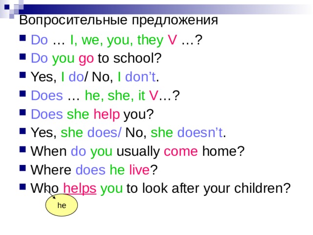 Вопросительные предложения Do … I, we, you, they  V …? Do you  go to school? Yes, I  do / No, I don’t . Does … he, she, it  V …? Does  she  help you? Yes, she does/ No, she  doesn’t . When do you usually come home? Where does  he  live ? Who helps  you to look after your children?  he he 