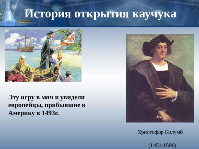 История открытия каучука Эту игру в мяч и увидели европейцы, прибывшие в Америку в 1493г. Христофор Колумб  (1451-1506) 
