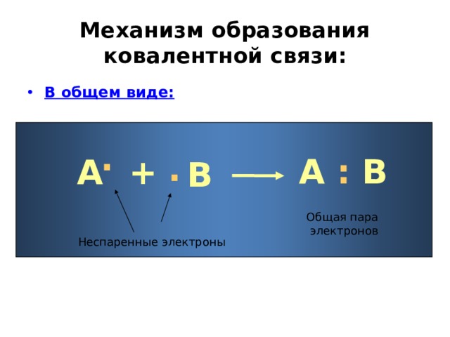 Механизм образования ковалентной связи: В общем виде: . . А : В А + В Общая пара электронов Неспаренные электроны 