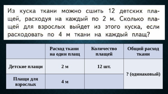 3 куска это сколько. Из куска ткани можно. Из куска ткани можно сшить 12 детских плащей расходуя на каждый. Решить задачу из куска ткани. Задачи на расход ткани 3 класс.