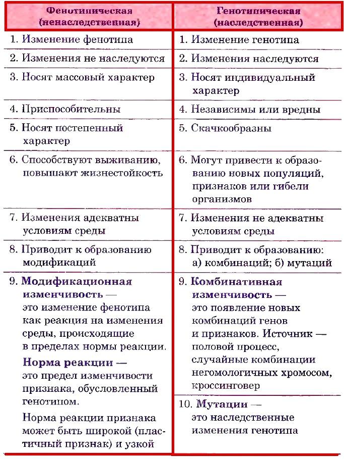 Схема изменчивости по биологии