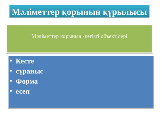 Мәліметтер қорының құрылысы  Мәліметтер қорының -негізгі объектілері     Кесте сұраныс Форма есеп  