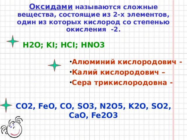 Оксидами называются сложные вещества, состоящие из 2-х элементов, один из которых кислород со степенью окисления -2 . H2O; KI; HCI; HNO3  Алюминий кислородович - Калий кислородович – Сера трикислородовна -  CO2, FeO, CO, SO3, N2O5, K2O, SO2, CaO, Fe2O3 