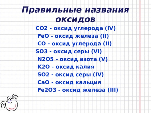 Правильные названия оксидов CO2 - оксид углерода ( IV)  FeO - оксид железа ( II)  CO - оксид углерода ( II)  SO3 - оксид серы ( VI)  N2O5 - оксид азота ( V)  K2O - оксид калия  SO2 - оксид серы ( IV)  CaO - оксид кальция  Fe2O3 - оксид железа ( III)  