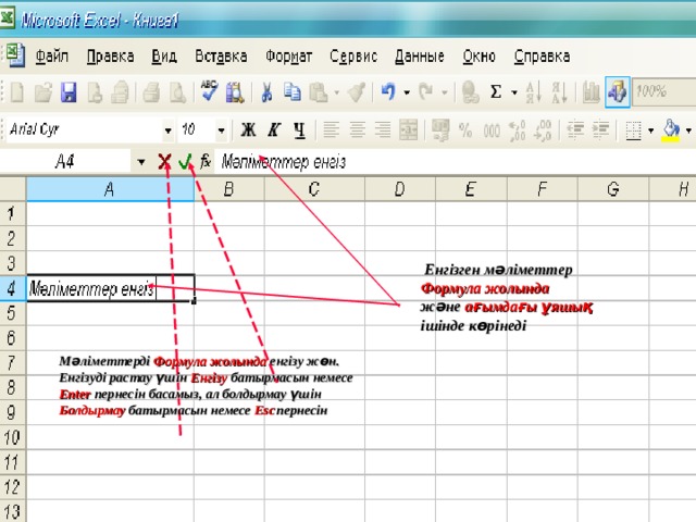  Енгізген мәліметтер Формула жолында  және ағымдағы ұяшық ішінде көрінеді Мәліметтерді Формула жолында  енгізу жөн. Енгізуді растау үшін Енгізу батырмасын немесе Enter пернесін  басамыз, ал болдырмау үшін Болдырмау  батырмасын  немесе Esc  пернесін 