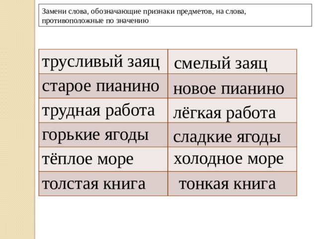 Замените выделенные словосочетания. Обозначает признак. Трусливый противоположное слово по смыслу. Слова обозначающие признак предмета. Трусливый заяц противоположные по значению слова.