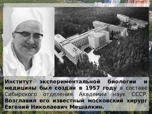 Институт экспериментальной биологии и медицины был создан в 1957 году в составе Сибирского отделения Академии наук СССР . Возглавил его известный московский хирург Евгений Николаевич Мешалкин. 