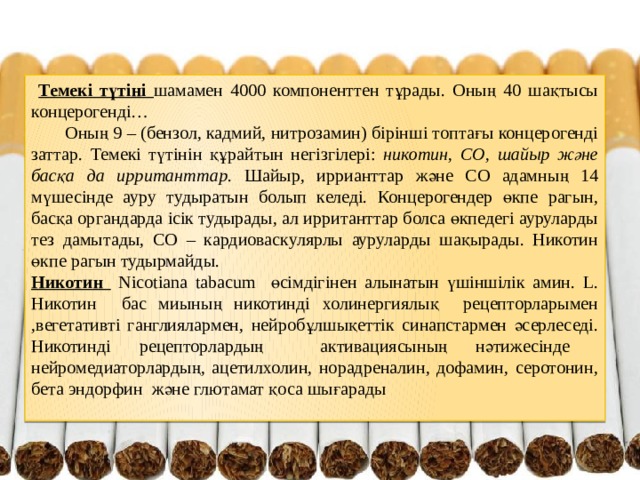  Темекі түтіні шамамен 4000 компоненттен тұрады. Оның 40 шақтысы концерогенді…  Оның 9 – (бензол, кадмий, нитрозамин) бірінші топтағы концерогенді заттар. Темекі түтінін құрайтын негізгілері: никотин, СО, шайыр және басқа да ирританттар . Шайыр, иррианттар және СО адамның 14 мүшесінде ауру тудыратын болып келеді. Концерогендер өкпе рагын, басқа органдарда ісік тудырады, ал ирританттар болса өкпедегі ауруларды тез дамытады, СО – кардиоваскулярлы ауруларды шақырады. Никотин өкпе рагын тудырмайды. Никотин Nicotiana tabacum өсімдігінен алынатын үшіншілік амин. L. Никотин бас миының никотинді холинергиялық рецепторларымен ,вегетативті ганглиялармен, нейробұлшықеттік синапстармен әсерлеседі. Никотинді рецепторлардың активациясының нәтижесінде нейромедиаторлардың, ацетилхолин, норадреналин, дофамин, серотонин, бета эндорфин және глютамат қоса шығарады 