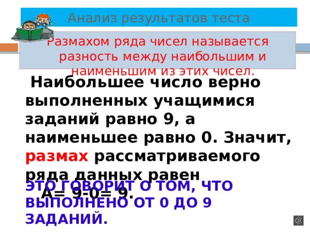 Анализ результатов теста Размахом ряда чисел называется разность между наибольшим и наименьшим из этих чисел.  Наибольшее число верно выполненных учащимися заданий равно 9, а наименьшее равно 0. Значит, размах рассматриваемого ряда данных равен  А= 9-0= 9. ЭТО ГОВОРИТ О ТОМ, ЧТО ВЫПОЛНЕНО ОТ 0 ДО 9 ЗАДАНИЙ. 