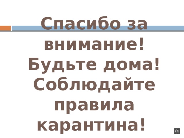 Спасибо за внимание!  Будьте дома! Соблюдайте правила карантина! 