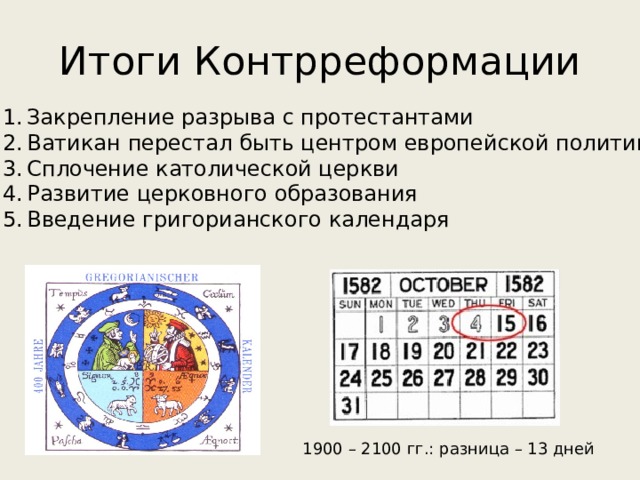 Григорианский календарь. Итоги контрреформации. Введение григорианского календаря. Итоги Конто реформацми. Итоги контрреформации в Европе.