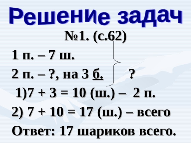 № 1. (с.62) 1 п. – 7 ш. 2 п. – ?, на 3 б. ?  1)7 + 3 = 10 (ш.) – 2 п. 2) 7 + 10 = 17 (ш.) – всего Ответ: 17 шариков всего. 