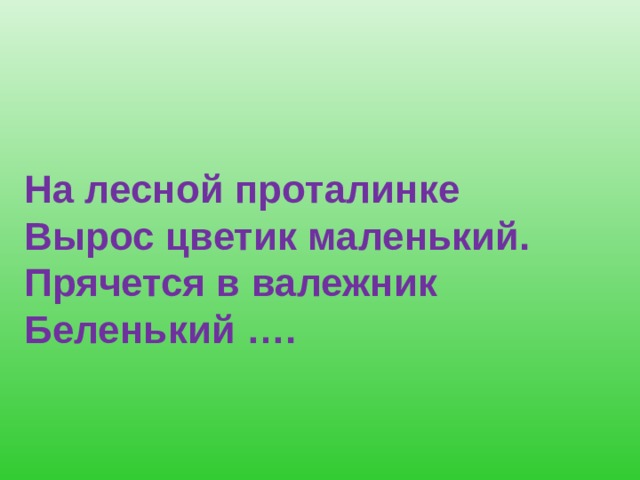 На лесной проталинке  Вырос цветик маленький.  Прячется в валежник  Беленький …. 