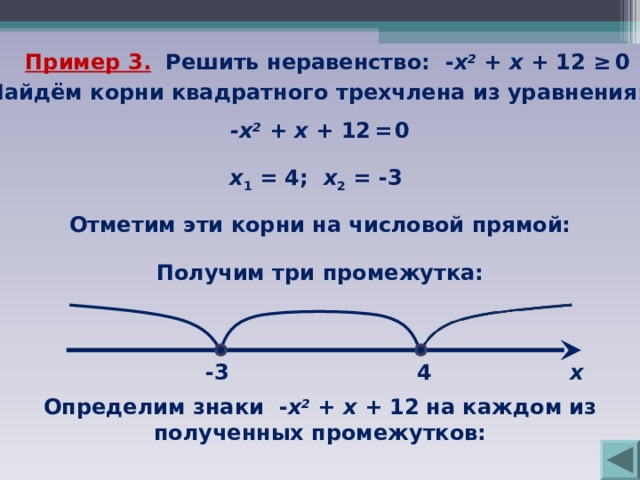 Пример 3 . Решить неравенство: - х 2  +  х + 1 2 ≥  0 Найдём корни квадратного трехчлена из уравнения: - х 2  + х + 1 2  =  0 х 1 = 4 ; х 2 = -3 Отметим эти корни на числовой прямой: Получим три промежутка: 4 -3 х Определим знаки   - х 2  +  х + 1 2   на каждом из полученных промежутков: 