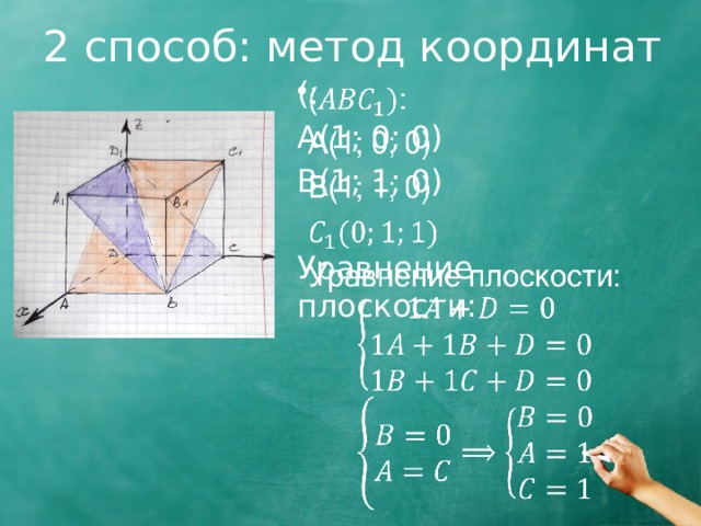 2 способ: метод координат (:   А(1; 0; 0) B(1; 1; 0) Уравнение плоcкости: 