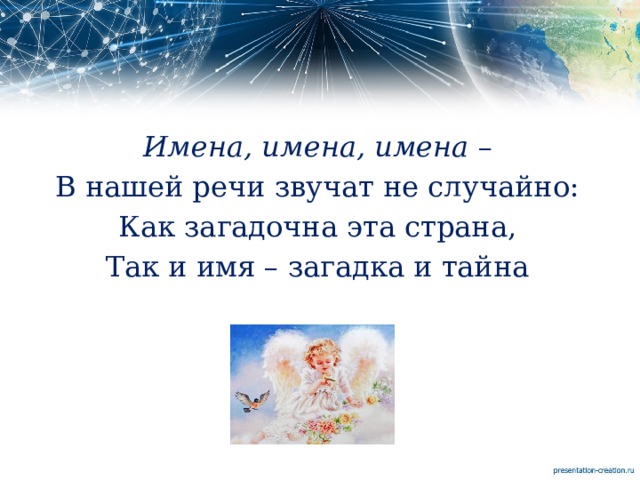 Имена, имена, имена – В нашей речи звучат не случайно: Как загадочна эта страна, Так и имя – загадка и тайна 
