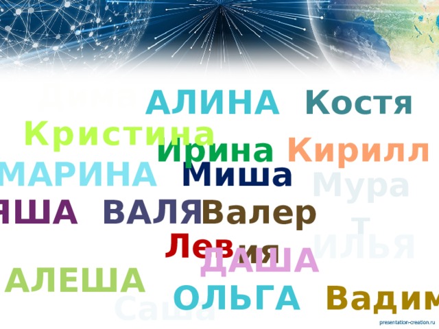 Дима АЛИНА Костя Кристина Ирина Кирилл МАРИНА Миша Мурат Валерия Яша Валя  Антон Лев ИЛЬЯ ДАША Алеша ОЛЬГА Вадим Саша 