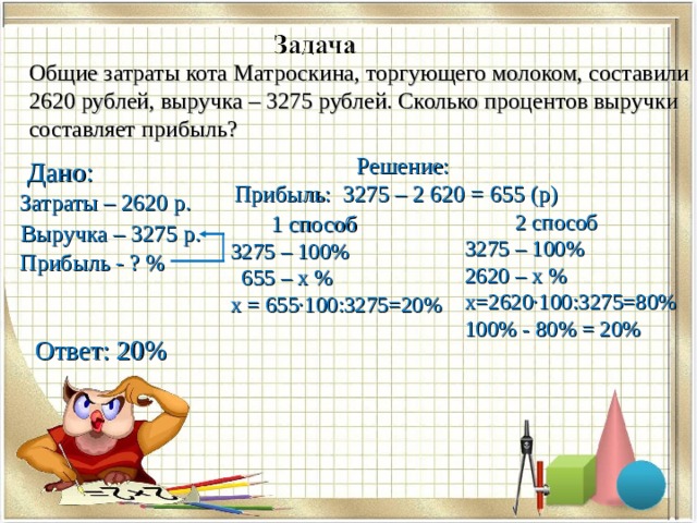 Общие затраты кота Матроскина, торгующего молоком, составили 2620 рублей, выручка – 3275 рублей. Сколько процентов выручки составляет прибыль?  Решение: Прибыль: 3275 – 2 620 = 655 (р)  Дано:  Затраты – 2620 р.  Выручка – 3275 р.  Прибыль - ? %  2 способ 3275 – 100% 2620 – х % х=2620·100:3275=80% 100% - 80% = 20%  1 способ 3275 – 100%  655 – х % х = 655·100:3275=20% Ответ: 20% 