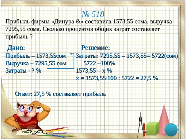 № 518 Прибыль фирмы «Динура & » составила 1573,55 сома, выручка 7295,55 сома. Сколько процентов общих затрат составляет прибыль ?  Дано: Прибыль – 1573,55сом Выручка – 7295,55 сом Затраты - ? %  Решение: Затраты: 7295,55 – 1573,55= 5722(сом)  5722 –100% 1573,55 – х % х = 1573,55·100 : 5722 = 27,5 % Ответ: 27,5 % составляет прибыль 