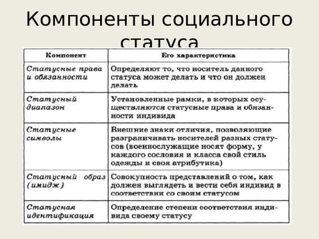 2 социальных статуса примеры. Социальный статус. Элементы социального статуса. Компоненты социального статуса. Элементы социального стаиусаи.