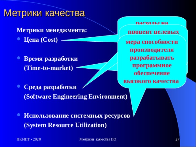 Метрики качества расходы на приобретение/ разработку процент целевых компьютерных ресурсов, используемых системой  Метрики менеджмента: Цена  (Cost)  Время  разработки   (Time-to-market)  Среда  разработки   (Software Engineering Environment)   Использование системных ресурсов  (System Resource Utilization)  мера времени от формирования заказа на программу до поставки  мера способности производителя разрабатывать программное обеспечение высокого качества  ПКИПТ - 2020 Метрики качества ПО  