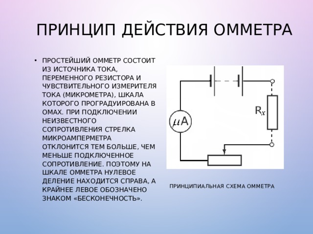 ПРИНЦИП ДЕЙСТВИЯ ОММЕТРА ПРОСТЕЙШИЙ ОММЕТР СОСТОИТ ИЗ ИСТОЧНИКА ТОКА, ПЕРЕМЕННОГО РЕЗИСТОРА И ЧУВСТВИТЕЛЬНОГО ИЗМЕРИТЕЛЯ ТОКА (МИКРОМЕТРА), ШКАЛА КОТОРОГО ПРОГРАДУИРОВАНА В ОМАХ. ПРИ ПОДКЛЮЧЕНИИ НЕИЗВЕСТНОГО СОПРОТИВЛЕНИЯ СТРЕЛКА МИКРОАМПЕРМЕТРА ОТКЛОНИТСЯ ТЕМ БОЛЬШЕ, ЧЕМ МЕНЬШЕ ПОДКЛЮЧЕННОЕ СОПРОТИВЛЕНИЕ. ПОЭТОМУ НА ШКАЛЕ ОММЕТРА НУЛЕВОЕ ДЕЛЕНИЕ НАХОДИТСЯ СПРАВА, А КРАЙНЕЕ ЛЕВОЕ ОБОЗНАЧЕНО ЗНАКОМ «БЕСКОНЕЧНОСТЬ». ПРИНЦИПИАЛЬНАЯ СХЕМА ОММЕТРА 