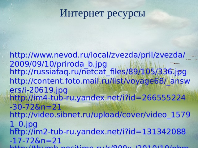 Интернет ресурсы http://www.nevod.ru/local/zvezda/pril/zvezda/2009/09/10/priroda_b.jpg http://russiafaq.ru/netcat_files/89/105/336.jpg http://content.foto.mail.ru/list/voyage68/_answers/i-20619.jpg http://im4-tub-ru.yandex.net/i?id=266555224-30-72&n=21 http://video.sibnet.ru/upload/cover/video_15791_0.jpg http://im2-tub-ru.yandex.net/i?id=131342088-17-72&n=21 http://thumb.positime.ru/r/800x-/2010/10/phmapoftheworld.gif 