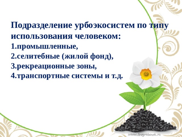 Подразделение урбоэкосистем по типу использования человеком: 1.промышленные,  2.селитебные (жилой фонд),  3.рекреационные зоны,  4.транспортные системы и т.д.   