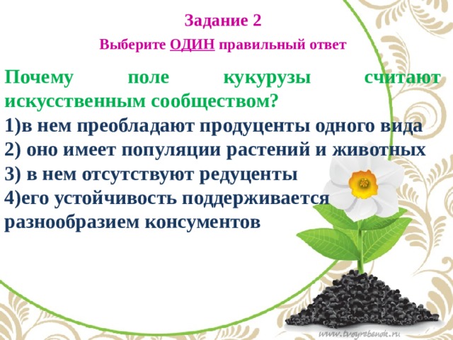 Задание 2 Выберите ОДИН правильный ответ Почему поле кукурузы считают искусственным сообществом? 1)в нем преобладают продуценты одного вида 2) оно имеет популяции растений и животных 3) в нем отсутствуют редуценты 4)его устойчивость поддерживается разнообразием консументов 