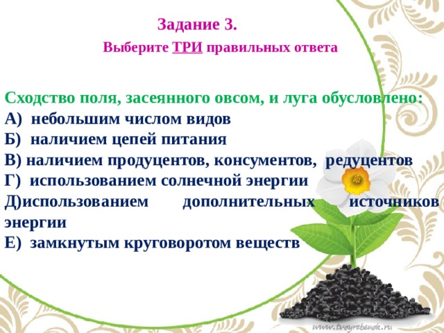 Задание 3. Выберите ТРИ правильных ответа Сходство поля, засеянного овсом, и луга обусловлено: А) небольшим числом видов Б) наличием цепей питания В) наличием продуцентов, консументов, редуцентов Г) использованием солнечной энергии Д)использованием дополнительных источников энергии Е) замкнутым круговоротом веществ 