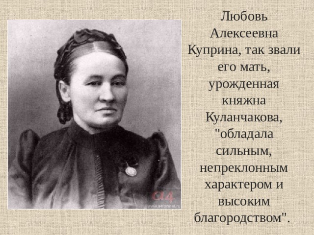Любовь Алексеевна Куприна, так звали его мать, урожденная княжна Куланчакова, 