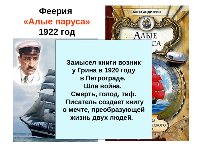 Феерия «Алые паруса» 1922 год Замысел книги возник  у Грина в 1920 году в Петрограде. Шла война. Смерть, голод, тиф.  Писатель создает книгу о мечте, преобразующей жизнь двух людей. 