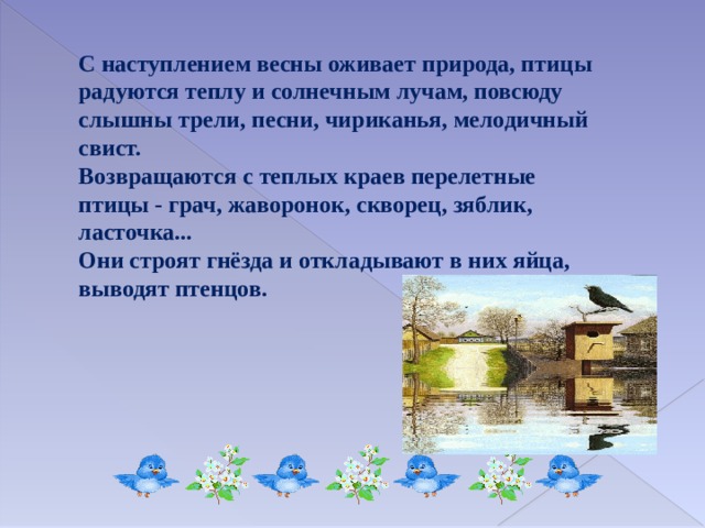С наступлением весны оживает природа, птицы радуются теплу и солнечным лучам, повсюду слышны трели, песни, чириканья, мелодичный свист. Возвращаются с теплых краев перелетные птицы - грач, жаворонок, скворец, зяблик, ласточка... Они строят гнёзда и откладывают в них яйца, выводят птенцов. 