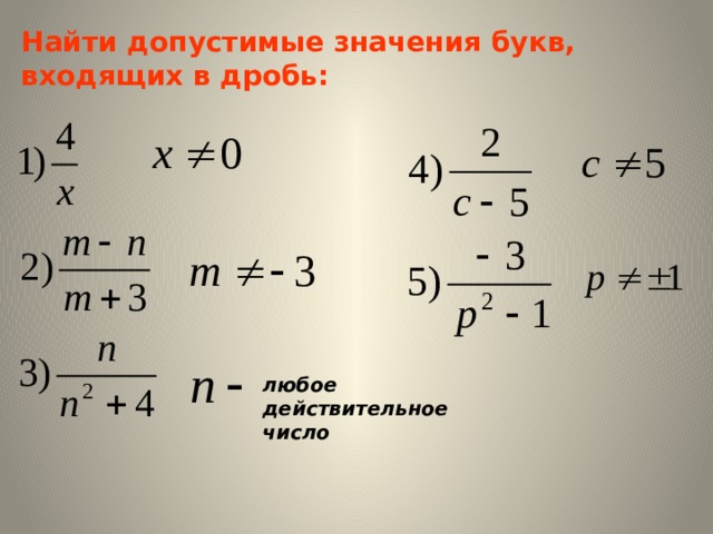 Найти допустимые значения букв, входящих в дробь: любое действительное число 