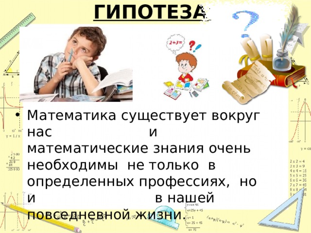  ГИПОТЕЗА: Математика существует вокруг нас и математические знания очень необходимы не только в определенных профессиях, но и в нашей повседневной жизни. 