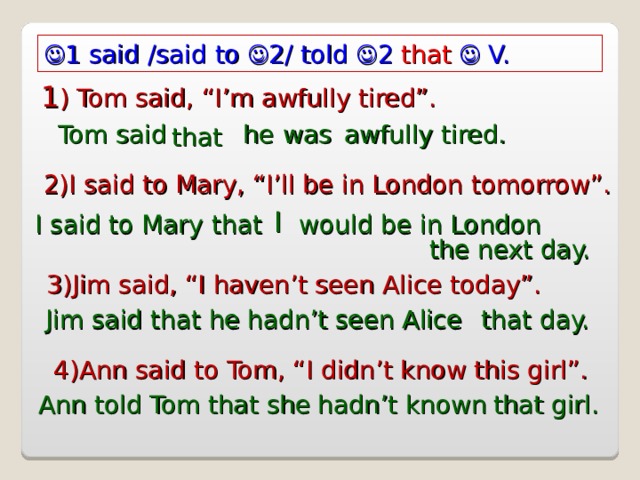  1 said  /said to  2/  told  2 that   V. 1 ) Tom said, “I’m awfully tired”.  that   he  was Tom said     awfully tired. 2)I said to Mary, “I’ll be in London tomorrow”. I  I said to Mary that would be in London the next day. 3)Jim said, “I haven’t seen Alice today”. he hadn’t seen Alice that day. Jim said that 4)Ann said to Tom, “I didn’t know this girl”. Ann told Tom that she hadn’t known that girl. 