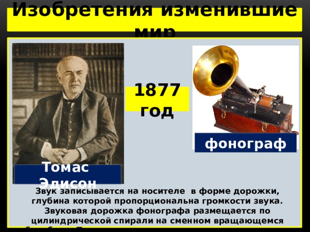 Изобретения изменившие мир  1877 год фонограф Томас Эдисон Звук записывается на носителе в форме дорожки, глубина которой пропорциональна громкости звука. Звуковая дорожка фонографа размещается по цилиндрической спирали на сменном вращающемся барабане. При воспроизведении игла, двигающаяся по канавке, передаёт колебания на упругую мембрану, которая излучает звук. 