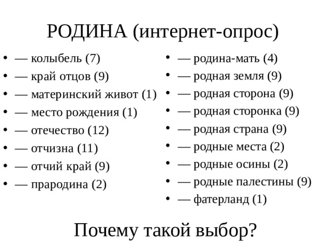 РОДИНА (интернет-опрос) — колыбель (7) — край отцов (9) — материнский живот (1) — место рождения (1) — отечество (12) — отчизна (11) — отчий край (9) — прародина (2) — родина-мать (4) — родная земля (9) — родная сторона (9) — родная сторонка (9) — родная страна (9) — родные места (2) — родные осины (2) — родные палестины (9) — фатерланд (1) Почему такой выбор? 