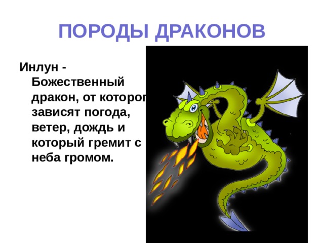 ПОРОДЫ ДРАКОНОВ Инлун - Божественный дракон, от которого зависят погода, ветер, дождь и который гремит с неба громом. 